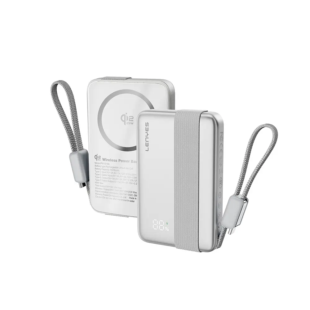 Lenyes PW1019D 10000 mAh Qi2 Kablosuz Powerbank, 45 W PD ve Entegre Kablo