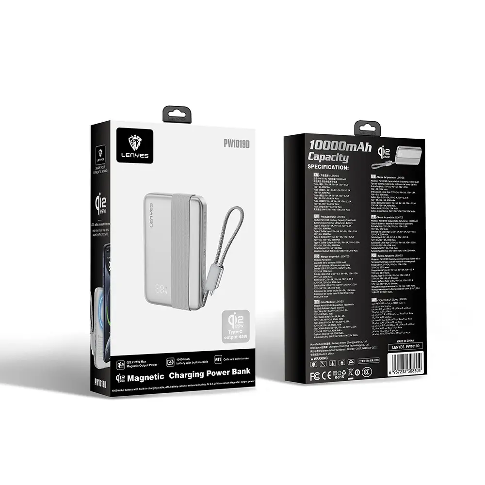 Lenyes PW1019D 10000 mAh Qi2 Kablosuz Powerbank, 45 W PD ve Entegre Kablo