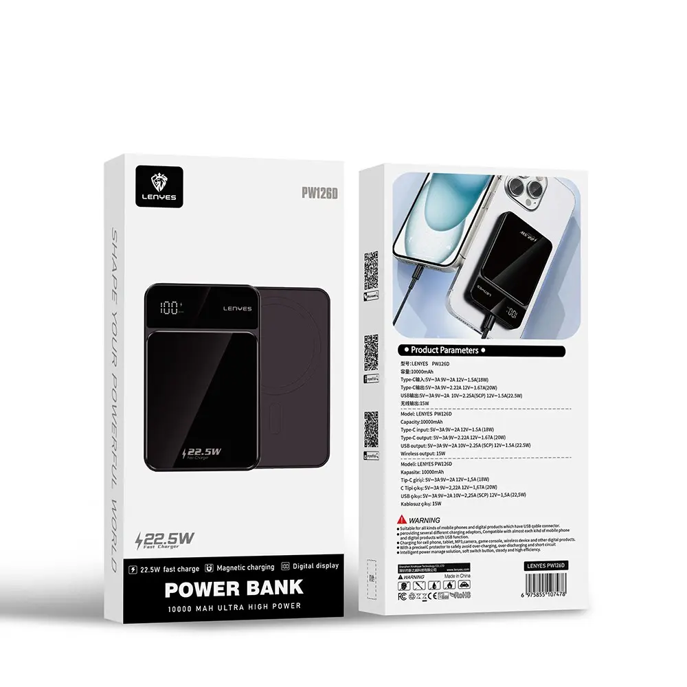 Lenyes PW126D 10.000mAh Powerbank, 22.5W Hızlı Şarj ve 15W Manyetik Kablosuz Şarj