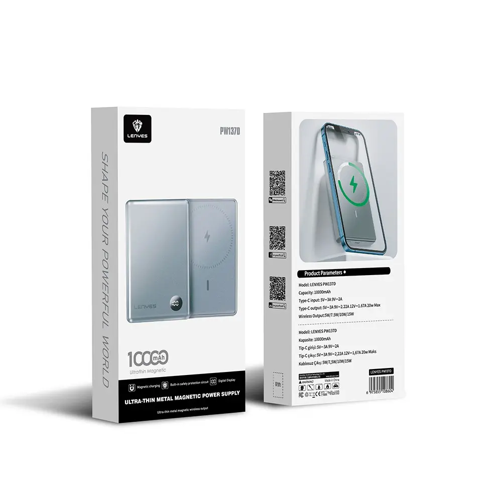 Lenyes PW137D 10000mAh Manyetik Kablosuz Powerbank, 20W Type-C