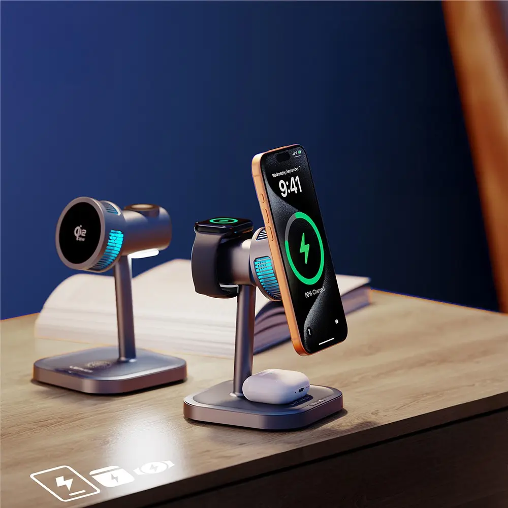 Lenyes PW323 Qi2 25W 3'ü 1 Arada Kablosuz Şarj Standı, Ambiyans Işıklı