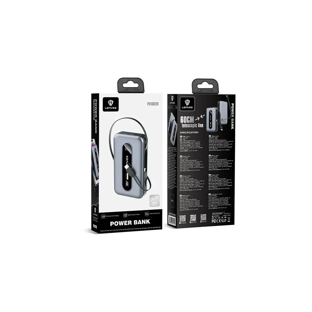 Lenyes PX1002D 10.000 mAh Powerbank, 35 W Teleskopik Type-C/Lightning