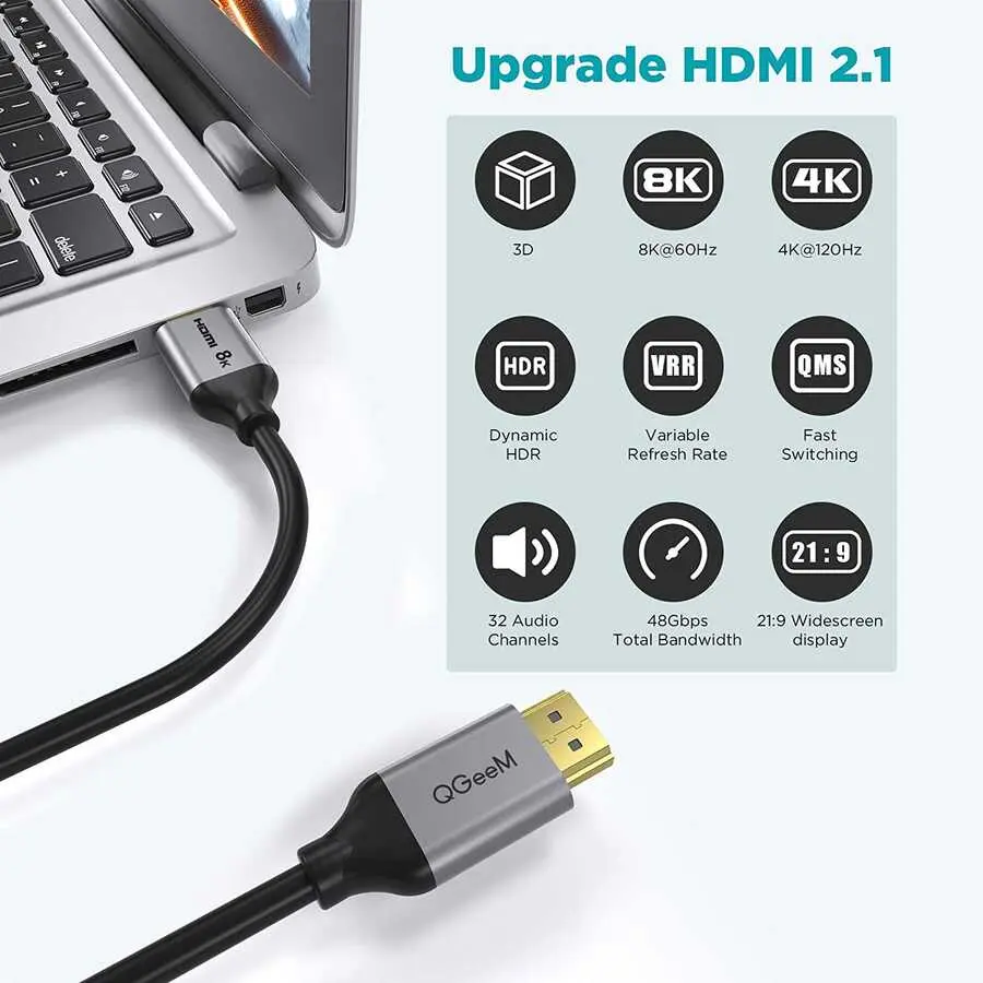 Qgeem QG-AV17 HDMI 2.1 Görüntü ve Ses Kablosu, 8K 60Hz 48Gbps 3.05 m