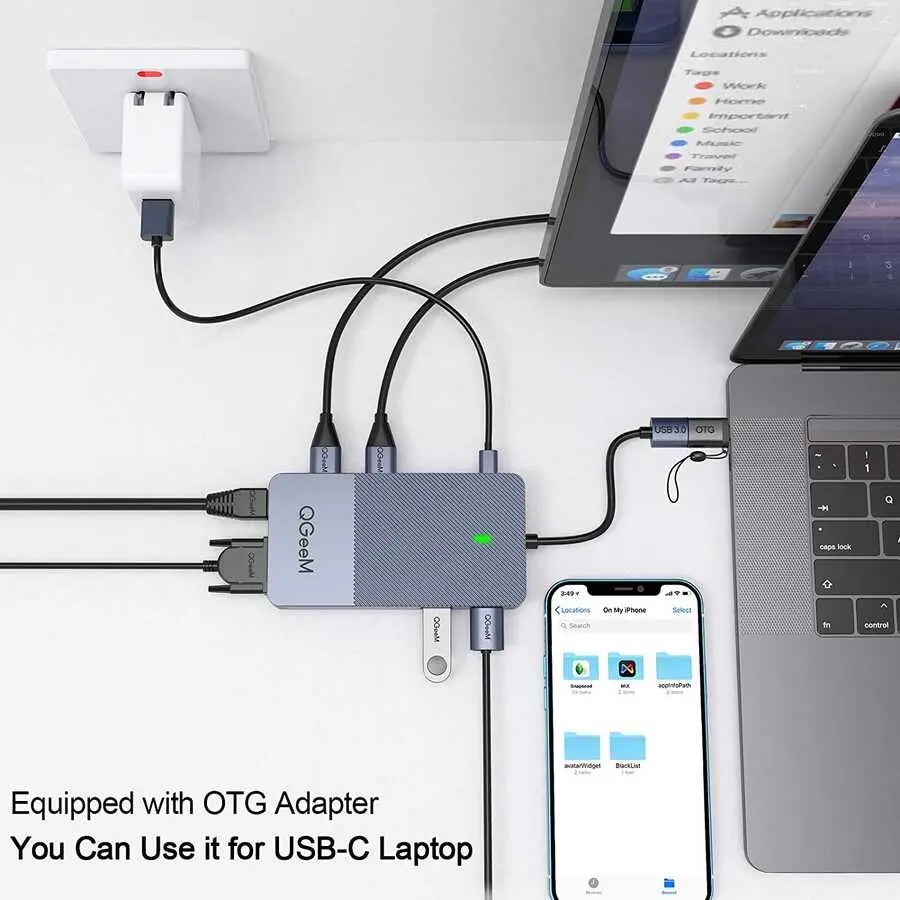 Qgeem QG-D3908 USB Hub, 2x HDMI, VGA, RJ45 Ethernet ve SD Kart Okuyuculu