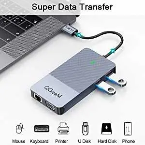 Qgeem QG-D3908 USB Hub, 2x HDMI, VGA, RJ45 Ethernet ve SD Kart Okuyuculu