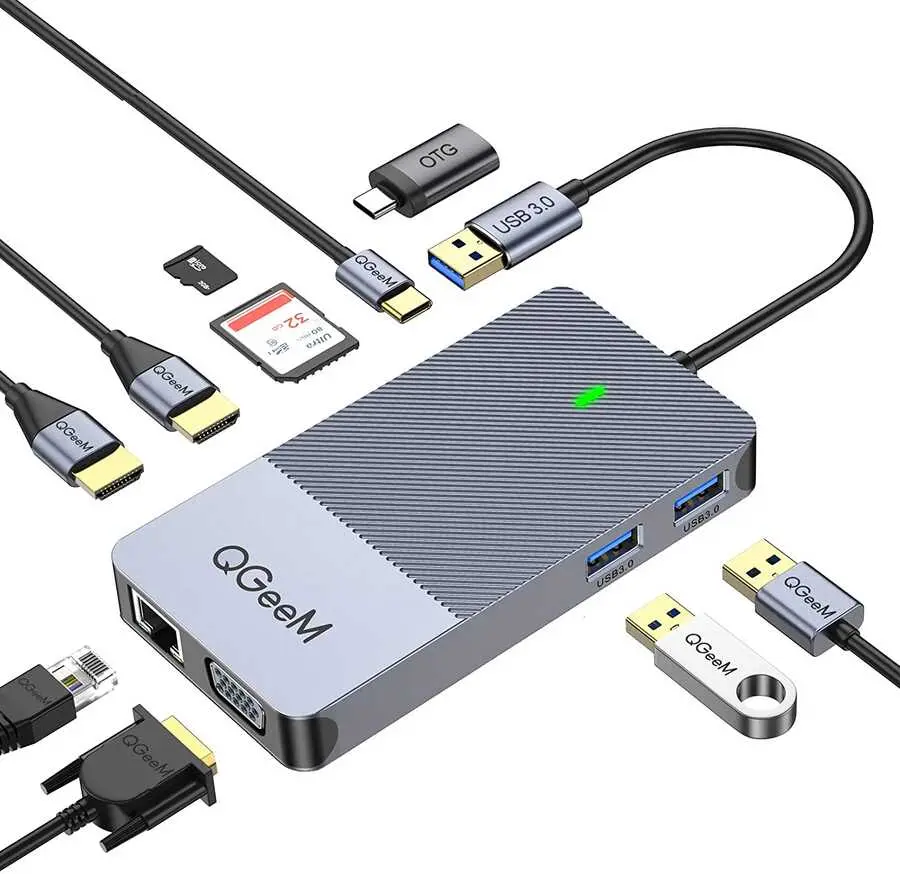 Qgeem QG-D3908 USB Hub, 2x HDMI, VGA, RJ45 Ethernet ve SD Kart Okuyuculu