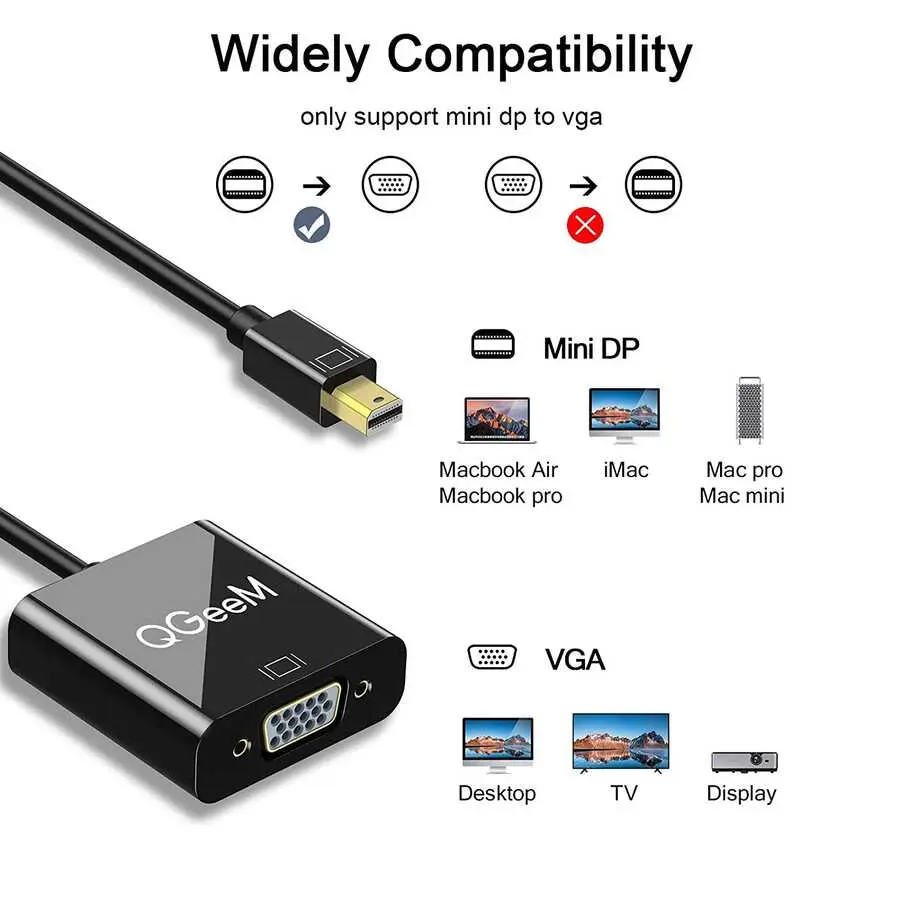 Qgeem QG-HD17 Mini DisplayPort to VGA Dönüştürücü, 1080p 60 Hz