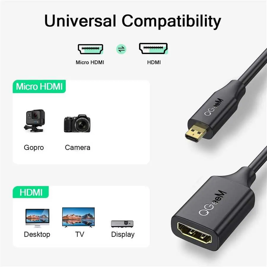Qgeem QG-HD21 Micro HDMI Kablo, 25 cm, 4K 60 Hz, Altın Kaplama