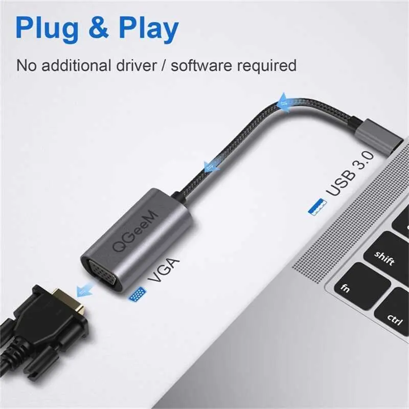 Qgeem QG-UA07 USB to VGA Dönüştürücü, 1080P ve 20 cm