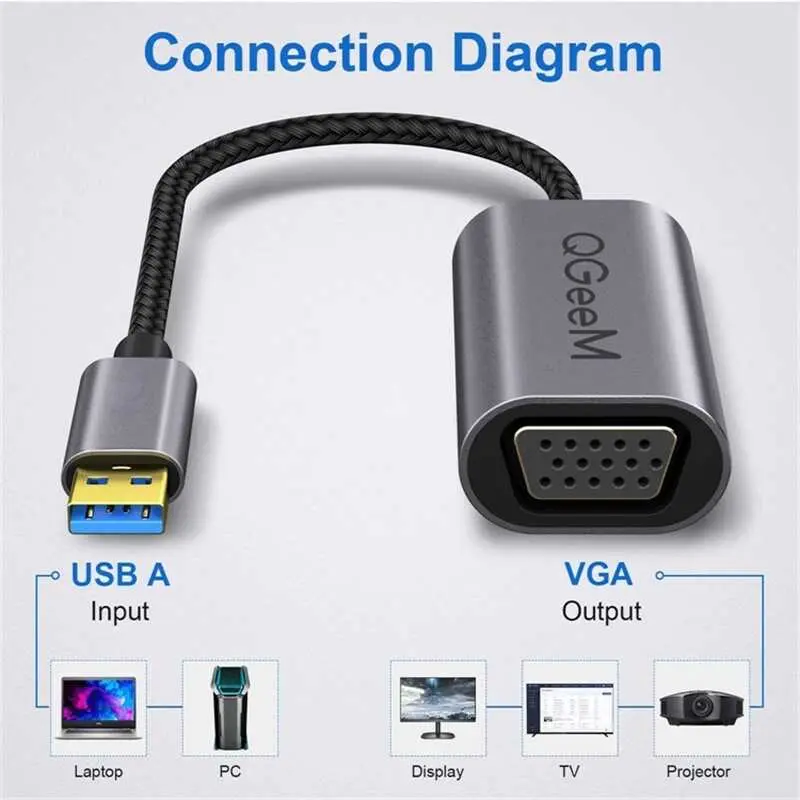 Qgeem QG-UA07 USB to VGA Dönüştürücü, 1080P ve 20 cm