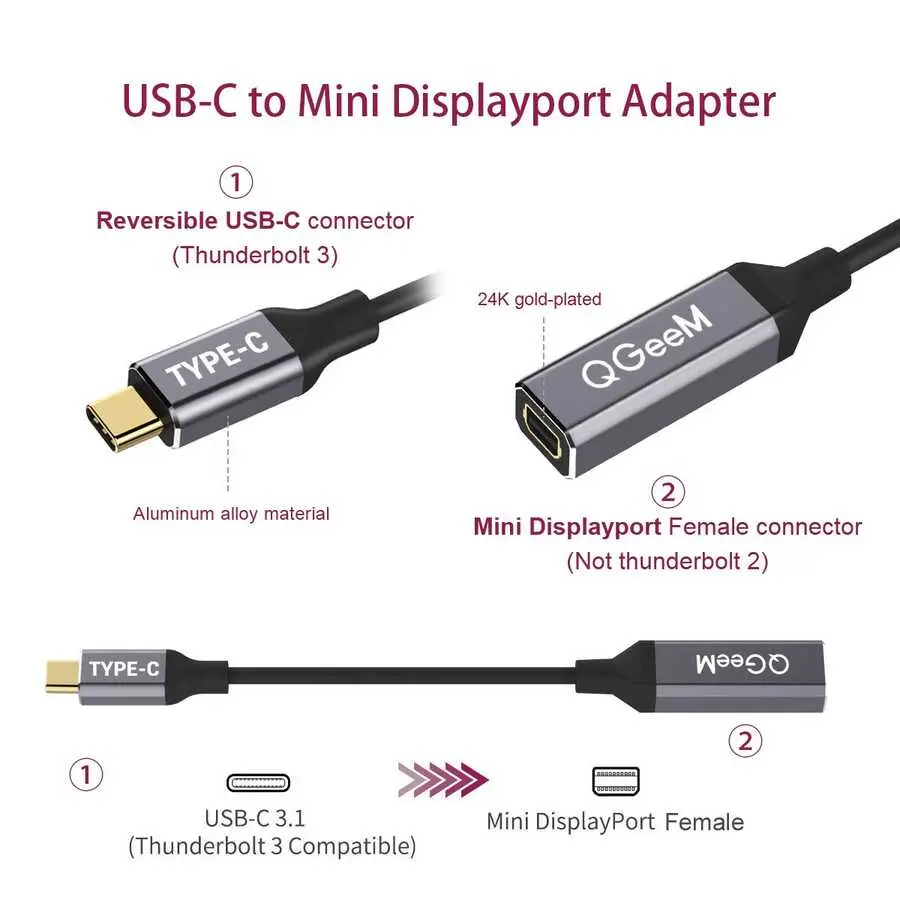 Qgeem QG-UA08 Type-C to Mini Display Dönüştürücü, 4K 60 Hz