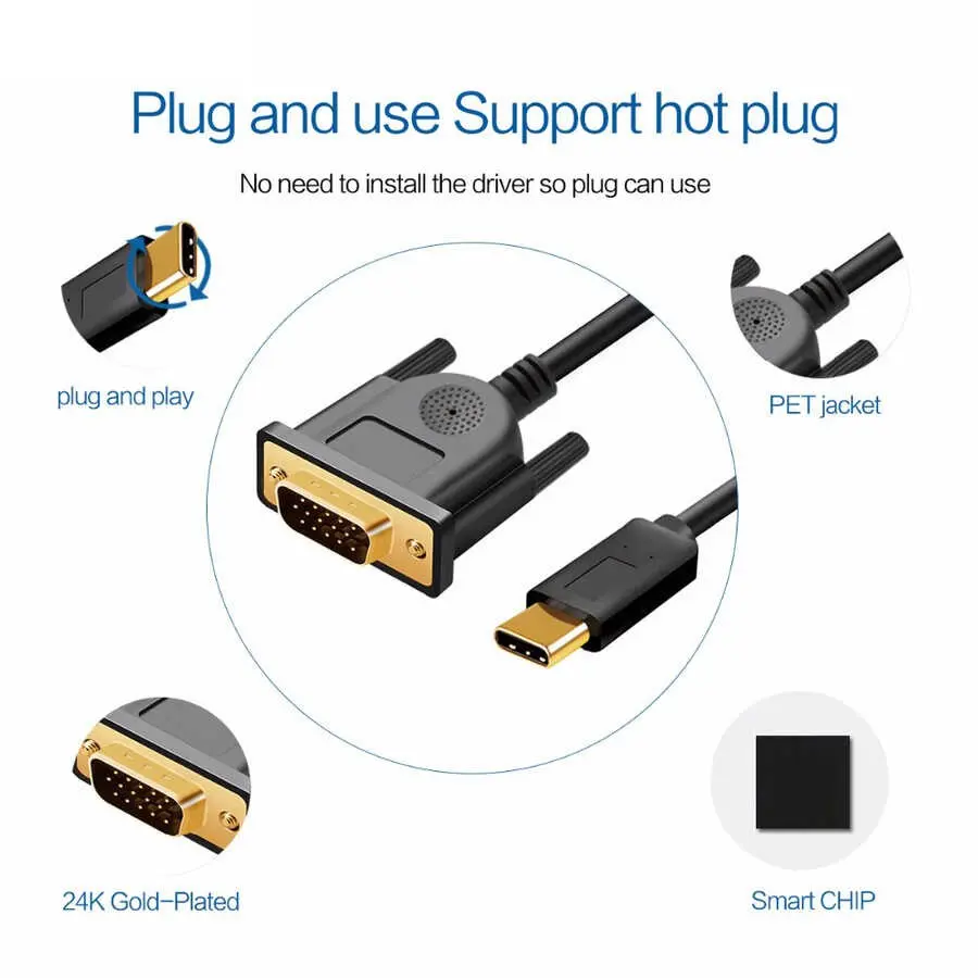 Qgeem QG-UA17 Type-C to VGA Adaptör Kablosu, 1080p 60Hz 1.8 m