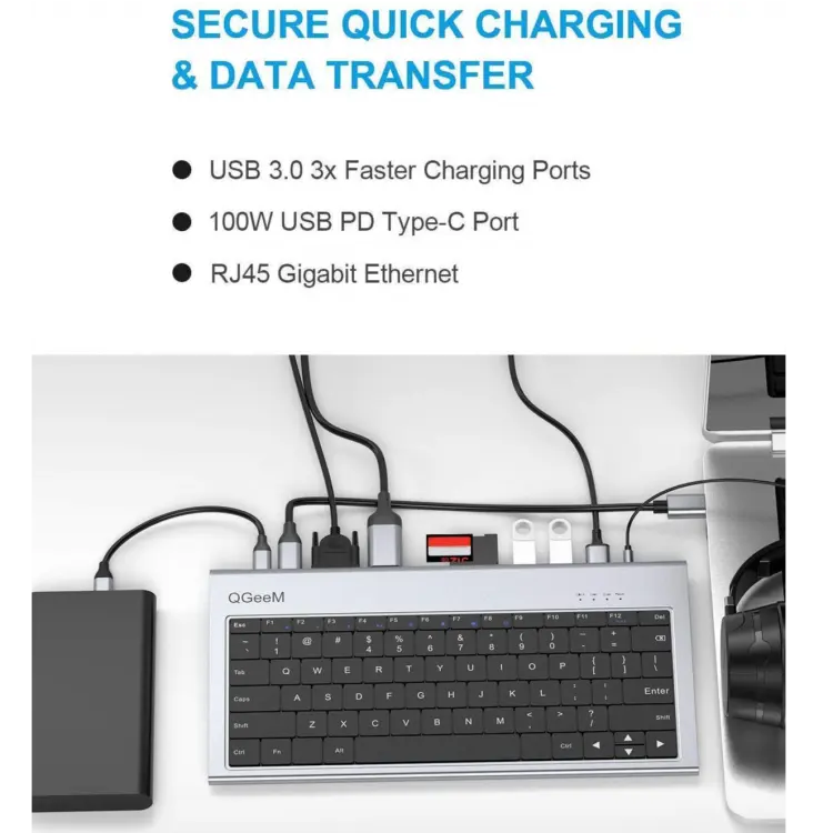 Qgeem QG-UH-11-2 Type-C Hub Klavye, 11 Portlu ve 100W Güç Desteği
