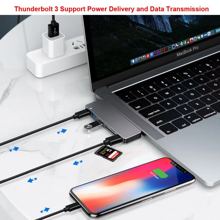 Qgeem QG-UH06 USB Hub, 3 USB 3.0 ve Type-C Çıkışlı, SD Kart Okuyuculu
