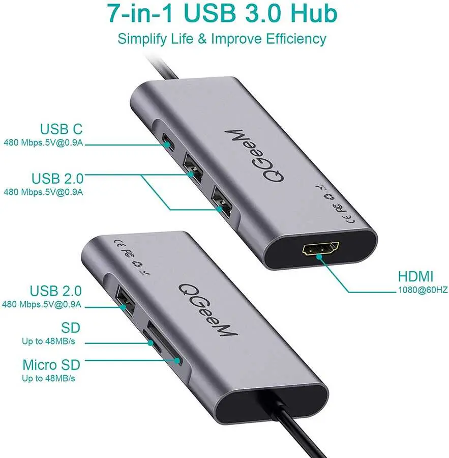 Qgeem QG-UH07-A Type-C Hub, USB 3.0, HDMI 4K, SD Kart ve 85W