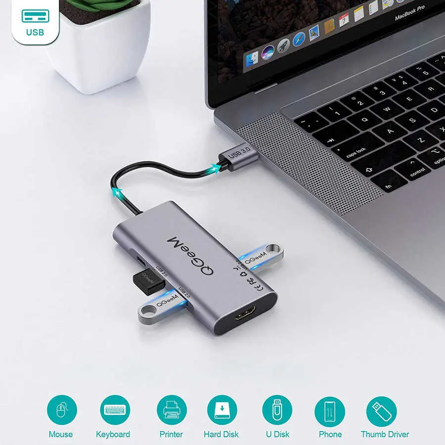 Qgeem QG-UH07-A Type-C Hub, USB 3.0, HDMI 4K, SD Kart ve 85W