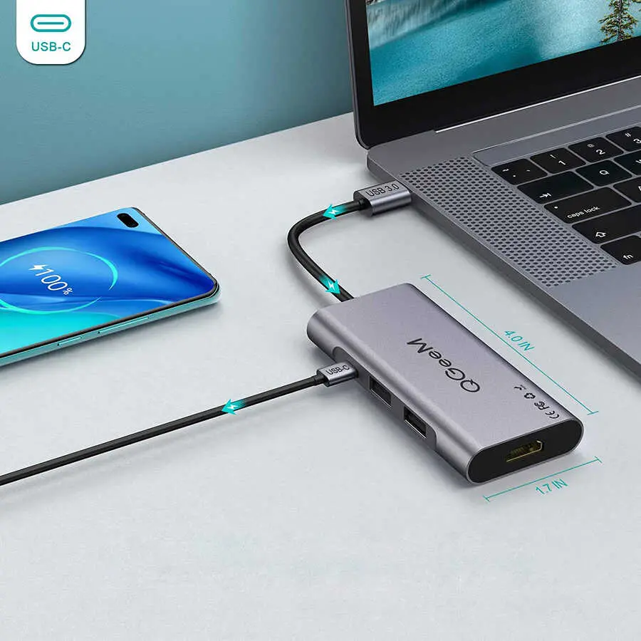 Qgeem QG-UH07-A Type-C Hub, USB 3.0, HDMI 4K, SD Kart ve 85W