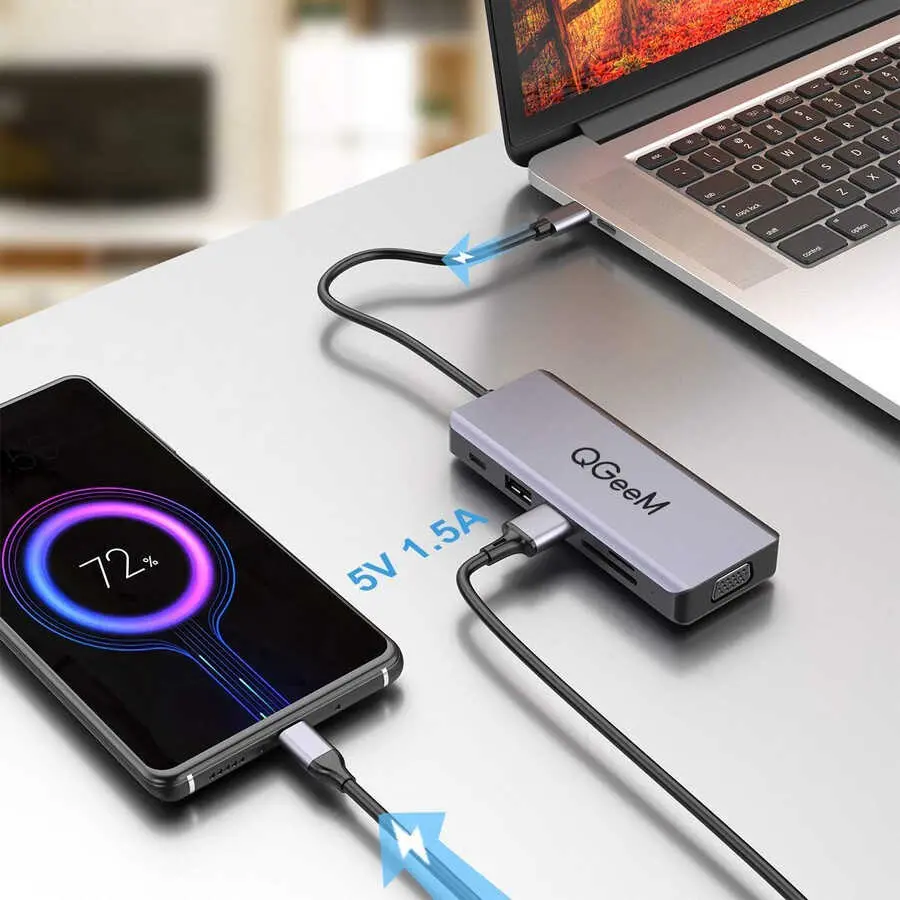 Qgeem QG-UH09 9 İşlevli USB Hub, HDMI ve VGA Çıkışlı