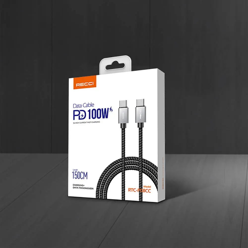 Recci RTC-P08CC Type-C to Type-C PD 100W 5A Hızlı Şarj ve Data Kablosu 1.5 m