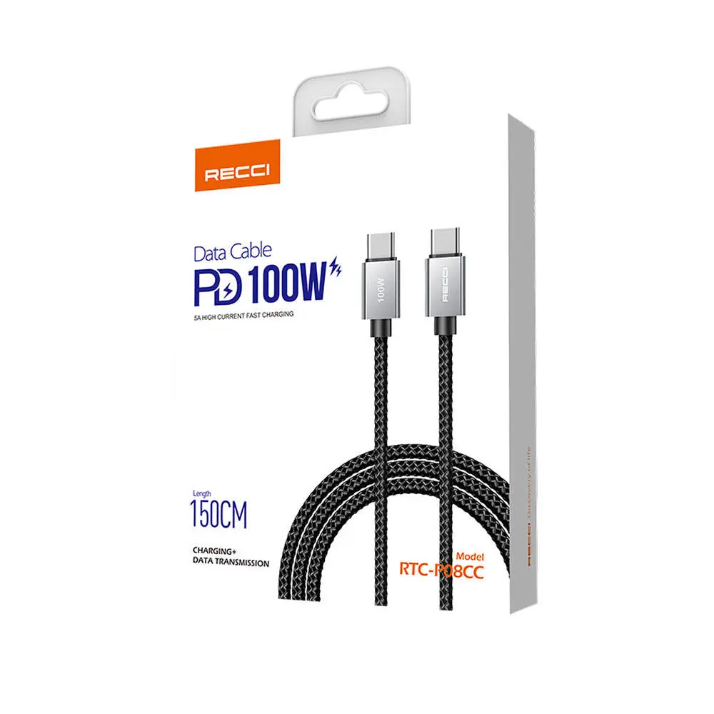 Recci RTC-P08CC Type-C to Type-C PD 100W 5A Hızlı Şarj ve Data Kablosu 1.5 m