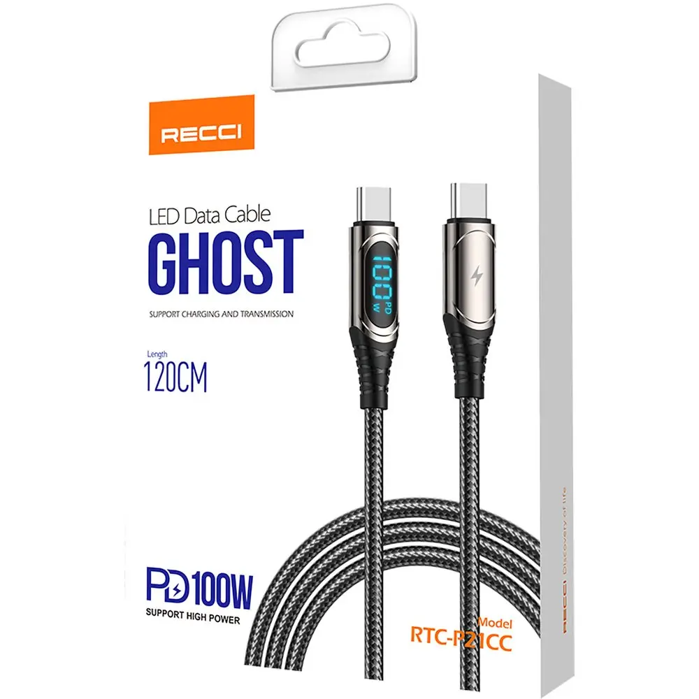 Recci RTC-P21CCPD Ghost Serisi Type-C to Type-C PD Kablo, 100W, 1.2 m