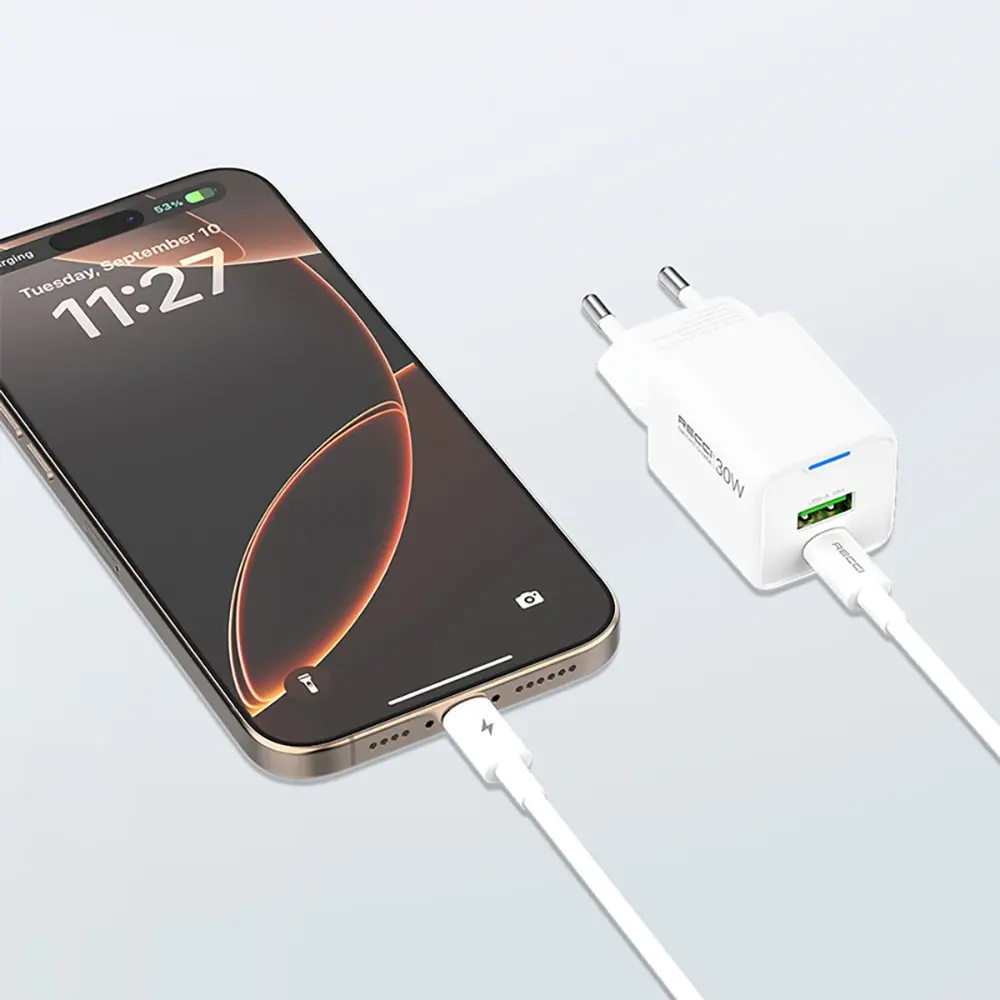 Recci RC107E 30W GaN Hızlı Şarj Adaptörü, USB-C PD ve USB-A