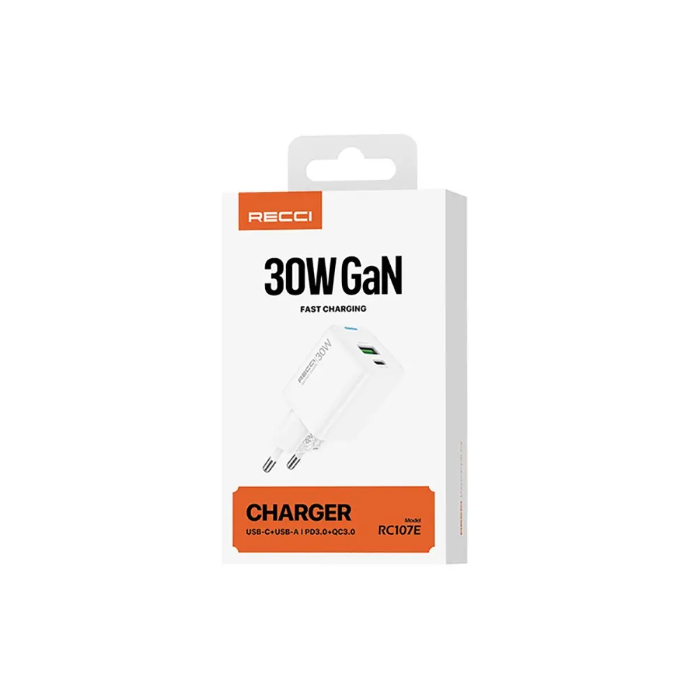 Recci RC107E 30W GaN Hızlı Şarj Adaptörü, USB-C PD ve USB-A