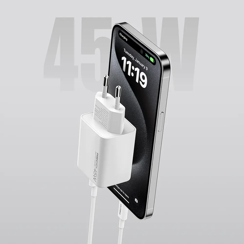 Recci RC108E GaN 45W Hızlı Şarj Adaptörü ve Type-C Kablo Seti