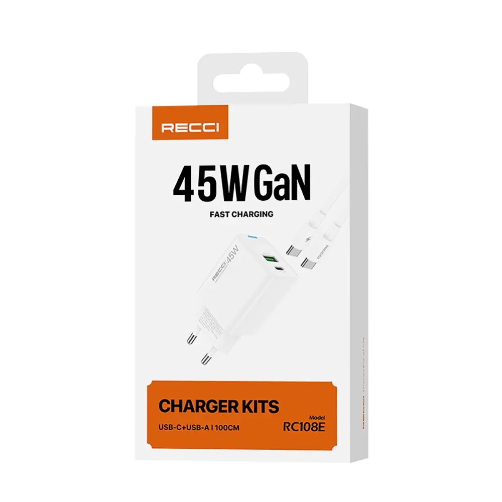 Recci RC108E GaN 45W Hızlı Şarj Adaptörü ve Type-C Kablo Seti
