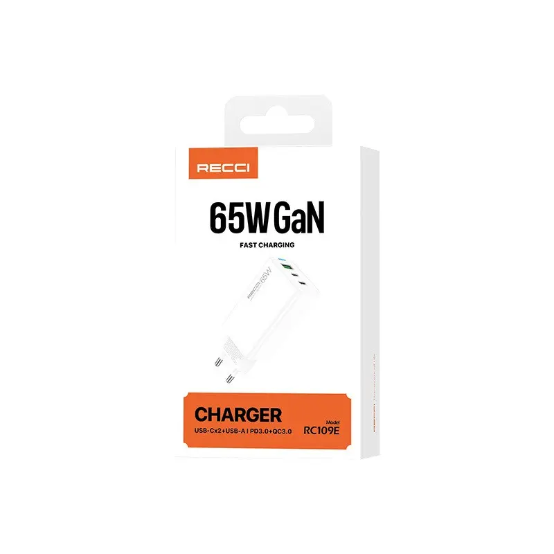 Recci RC109E 65W GaN Hızlı Şarj Adaptörü - Type-C PD & USB-A