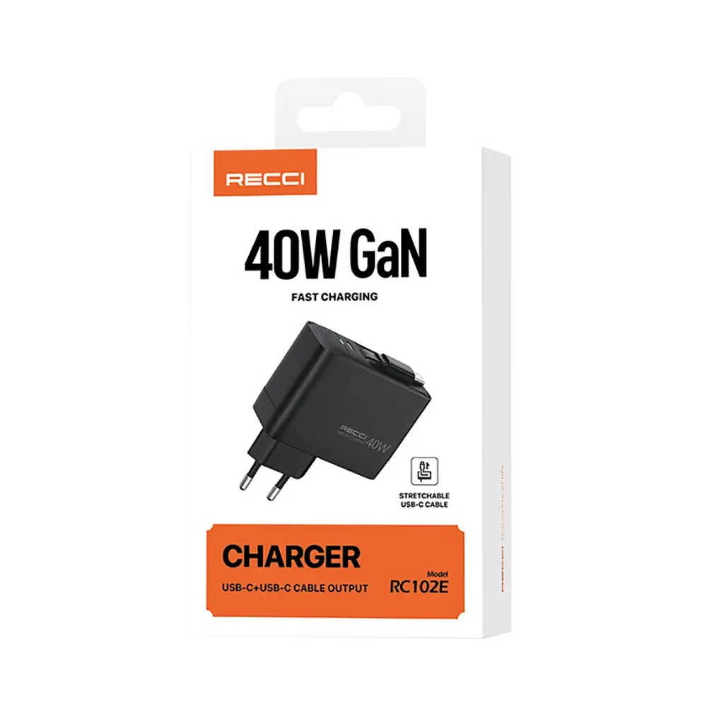 Recci RC102E GaN 40W Hızlı Şarj Adaptörü, Çift USB-C ve Entegre Kablo