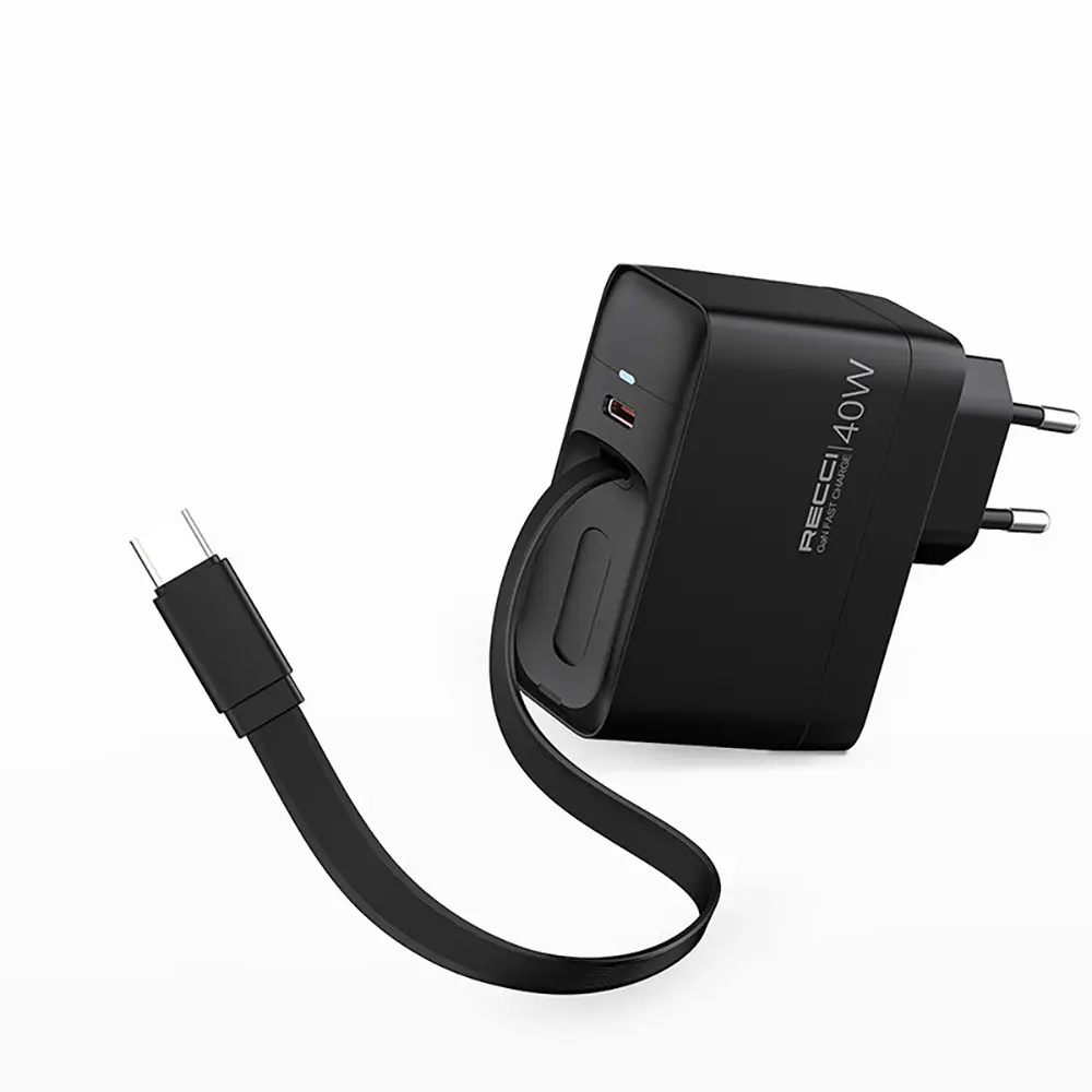 Recci RC102E GaN 40W Hızlı Şarj Adaptörü, Çift USB-C ve Entegre Kablo