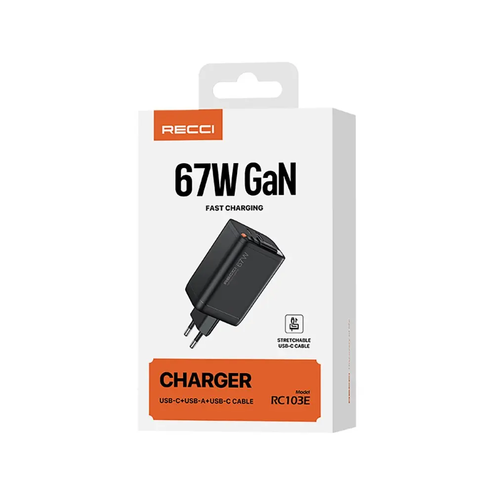 Recci RC103E GaN 67W Hızlı Şarj Adaptörü ve Type-C Kablo Seti