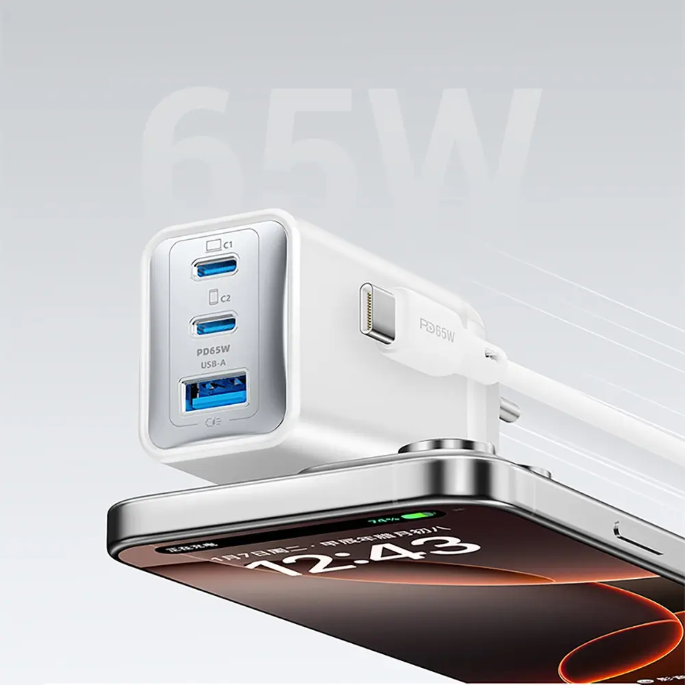 Recci RC123E GaN Şarj Adaptörü, 65W PD ve Type-C Kablo Seti
