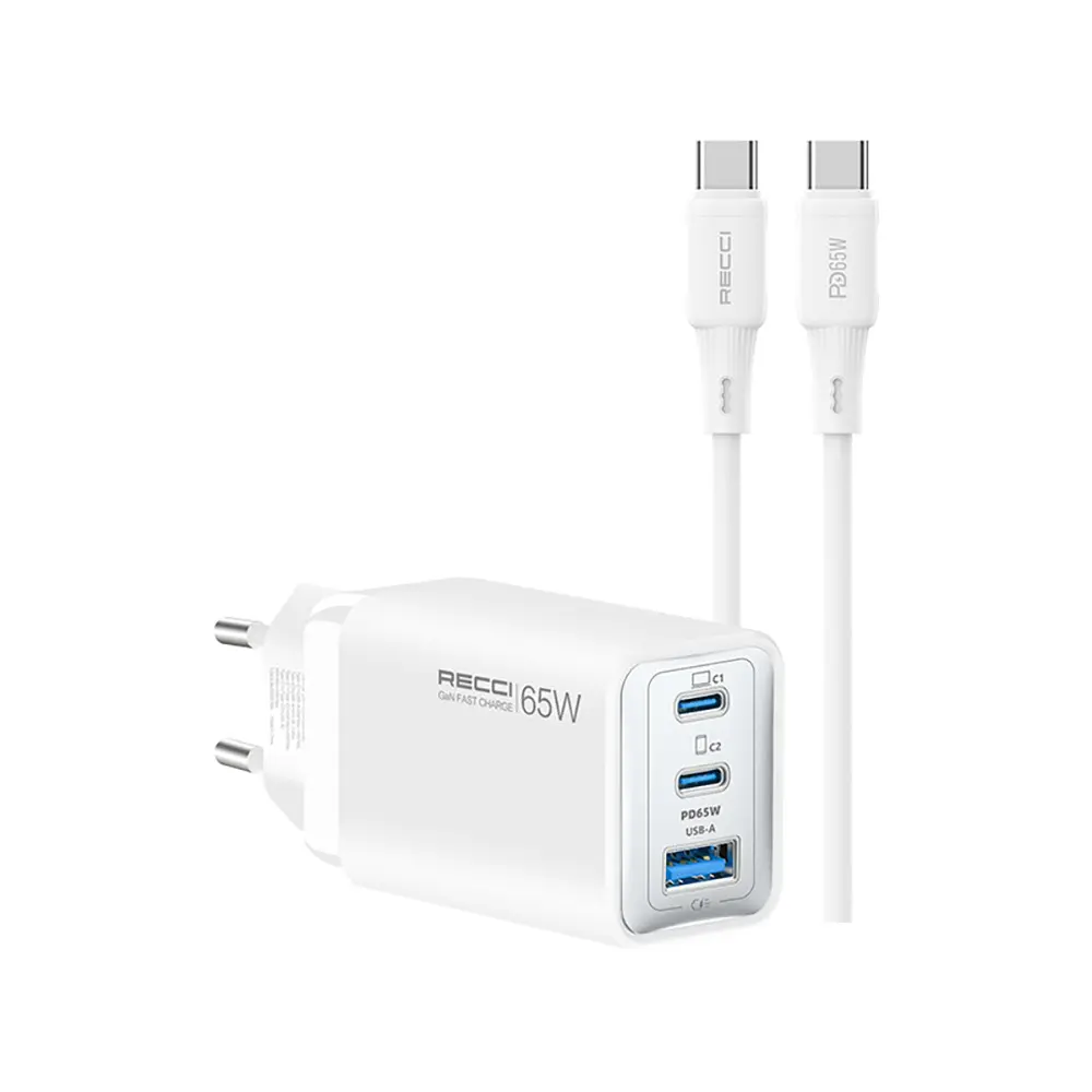Recci RC123E GaN Şarj Adaptörü, 65W PD ve Type-C Kablo Seti