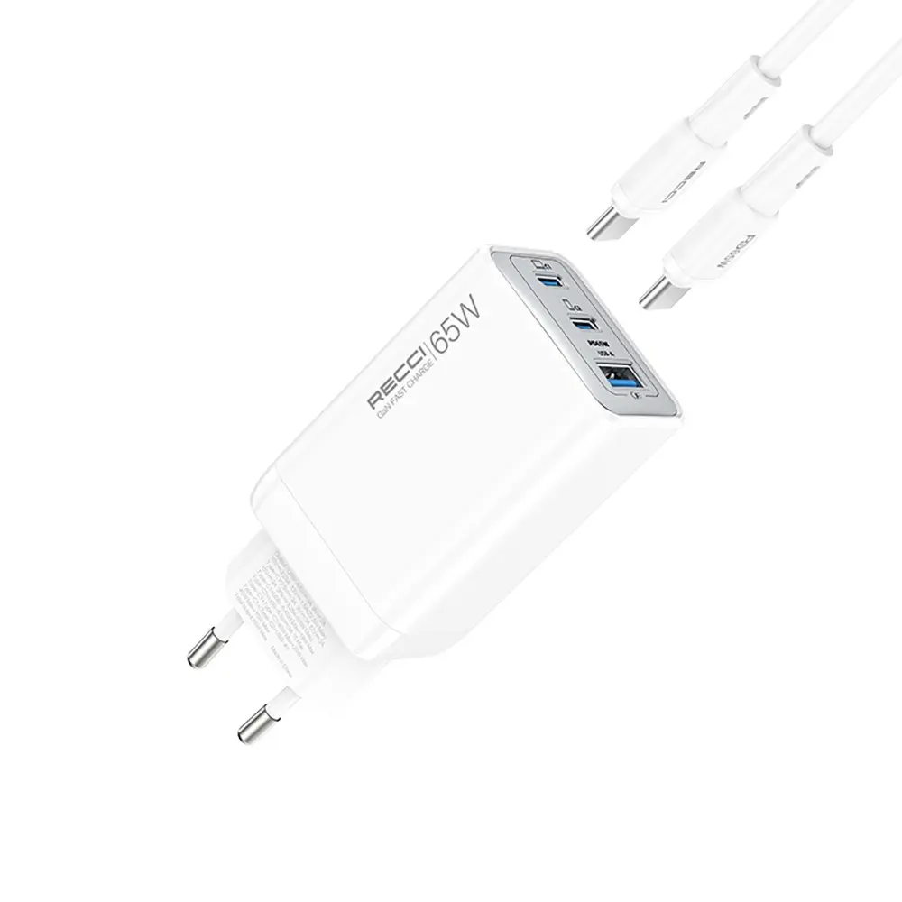Recci RC123E GaN Şarj Adaptörü, 65W PD ve Type-C Kablo Seti
