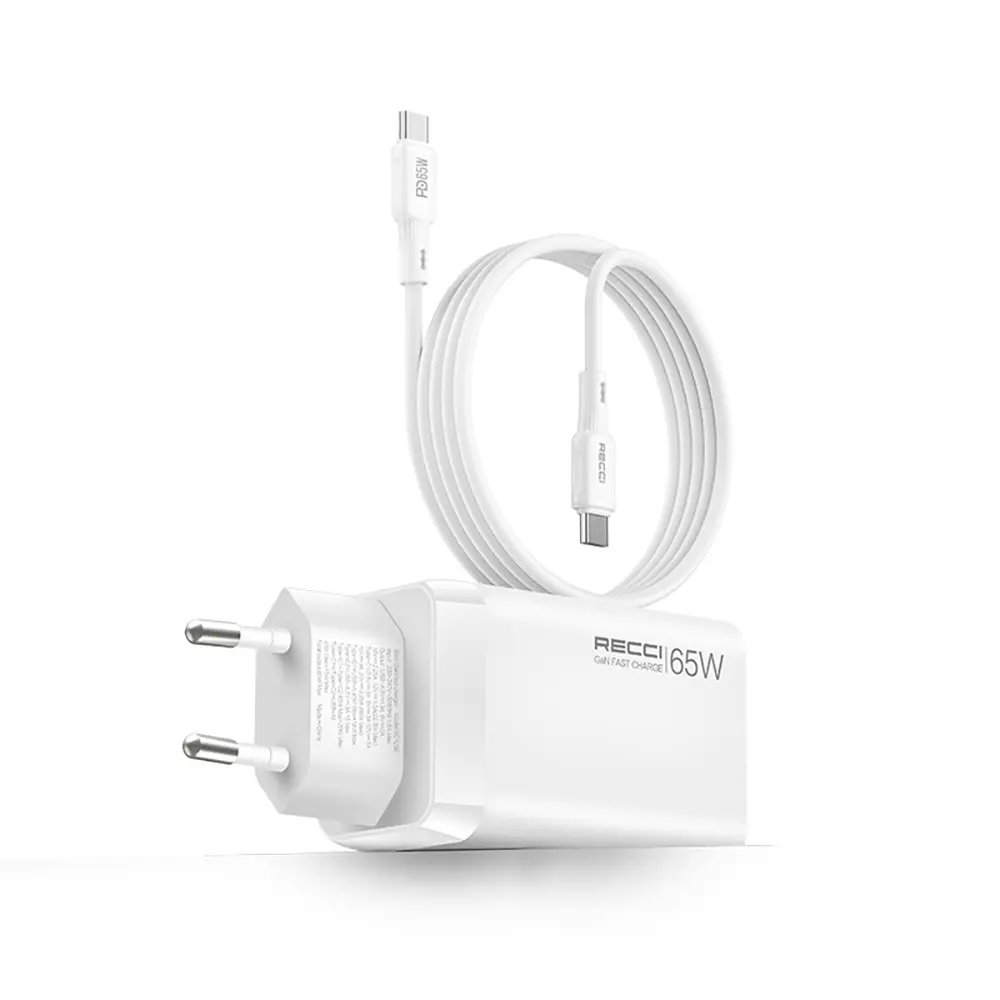 Recci RC123E GaN Şarj Adaptörü, 65W PD ve Type-C Kablo Seti