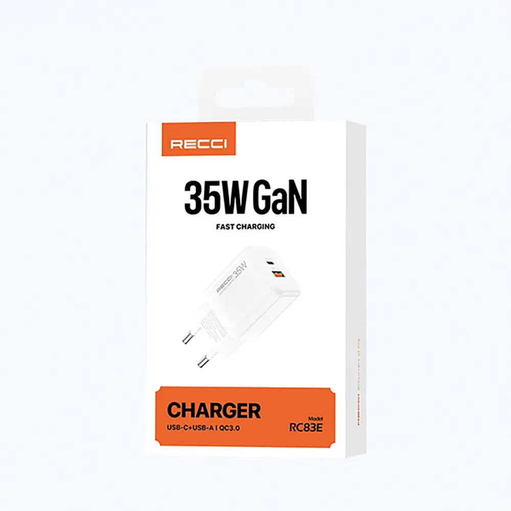 Recci RC83E 35W GaN Şarj Adaptörü, USB-C PD ve USB-A QC3.0