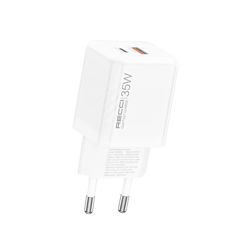 Recci RC83E 35W GaN Şarj Adaptörü, USB-C PD ve USB-A QC3.0