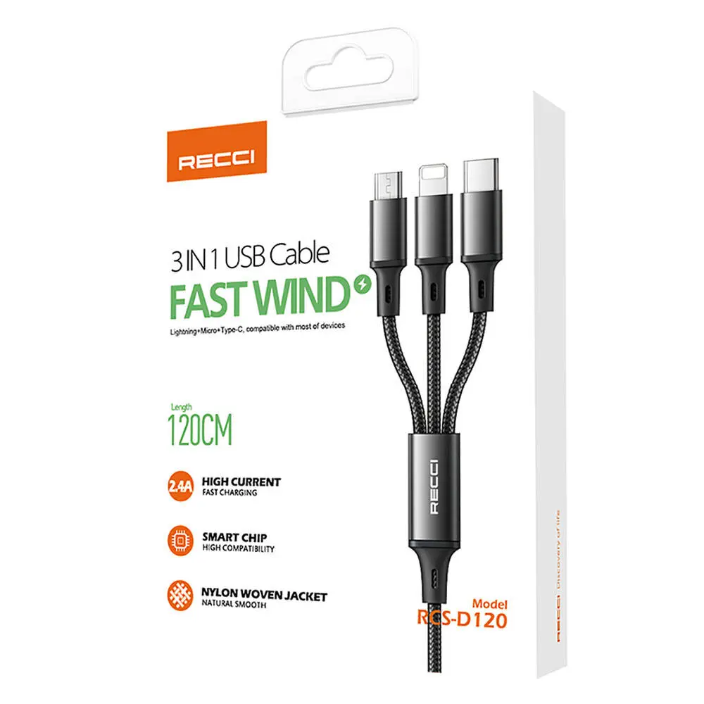 Recci RCS-D120 3in1 USB-A to Lightning Type-C Micro Şarj ve Data Kablosu 1.2M