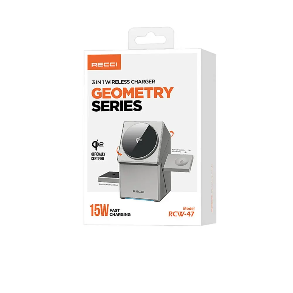 Recci RCW-47 Geometry 3'ü 1 Arada 15W Qi2 Kablosuz Şarj Standı
