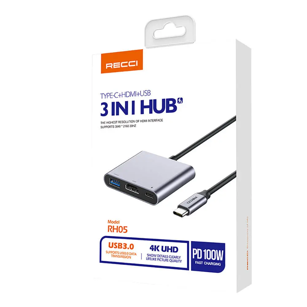 Recci RH05 3'ü 1 Arada Type-C Hub, PD 100W ve HDMI 4K