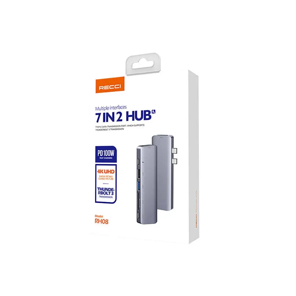 Recci RH08 7'si 1 Arada Type-C Hub, HDMI, SD/TF, USB 3.0 ve PD 100W