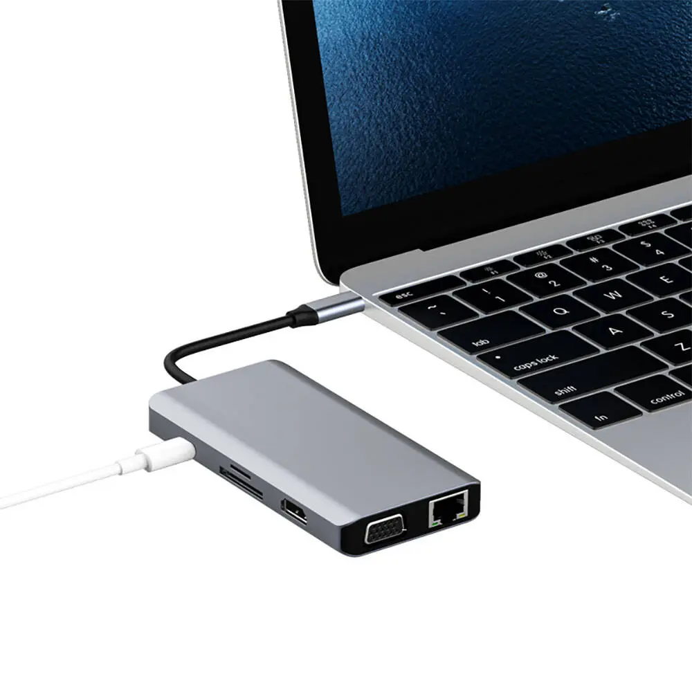 Recci RH09 9'i 1 Arada Type-C Hub, HDMI, VGA, RJ45 ve USB Girişli