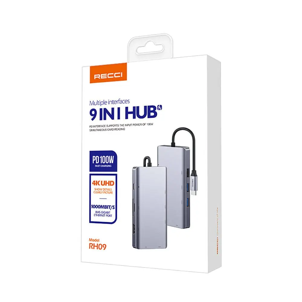 Recci RH09 9'i 1 Arada Type-C Hub, HDMI, VGA, RJ45 ve USB Girişli