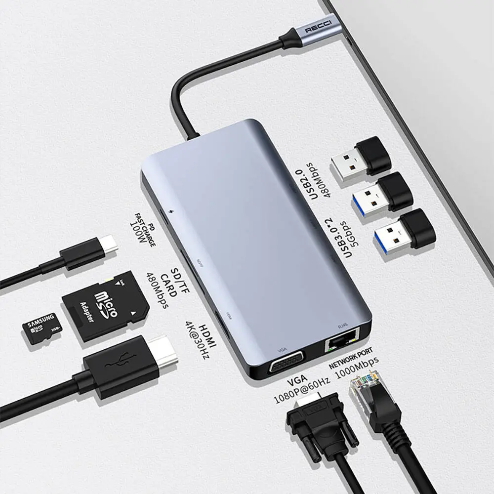 Recci RH09 9'i 1 Arada Type-C Hub, HDMI, VGA, RJ45 ve USB Girişli