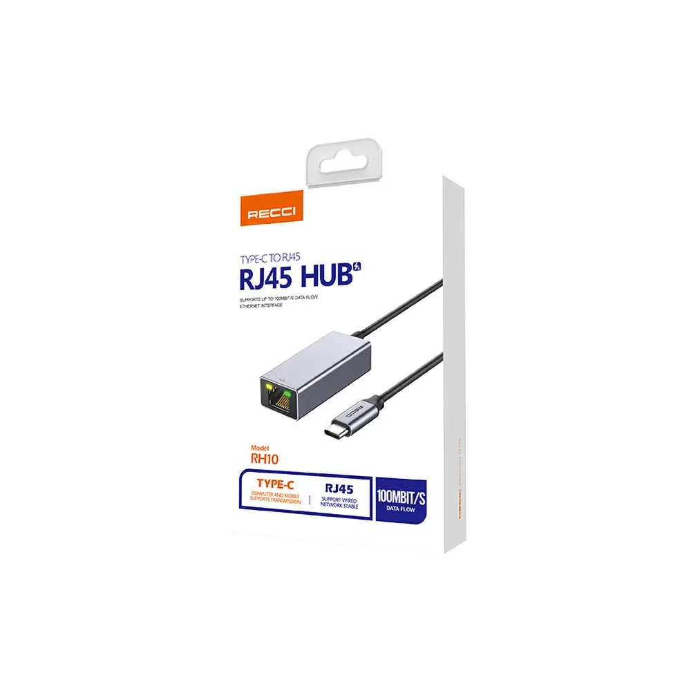Recci RH10 RJ45 to Type-C Ethernet Dönüştürücü Kablo, 100 Mbps