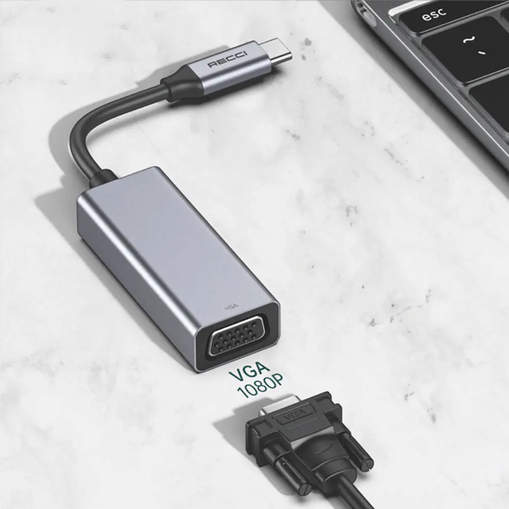 Recci RH12 VGA to Type-C Dönüştürücü Kablo, 1080p ve Alüminyum Gövde