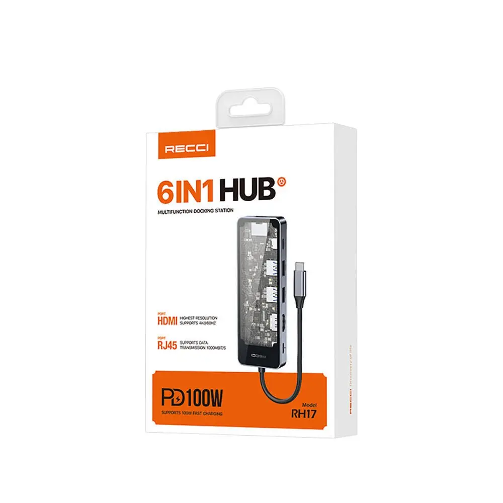 Recci RH17 6in1 Type-C Hub, HDMI + RJ45 + PD 100W