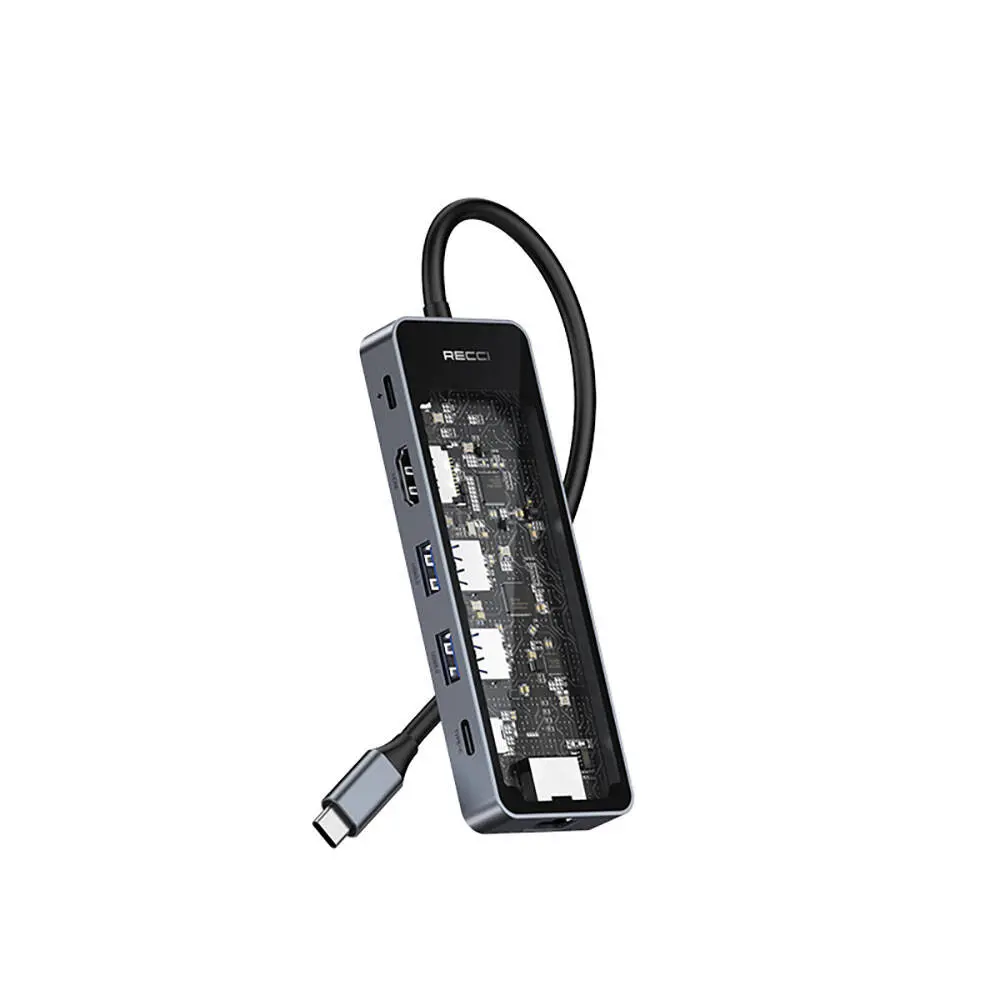 Recci RH17 6in1 Type-C Hub, HDMI + RJ45 + PD 100W